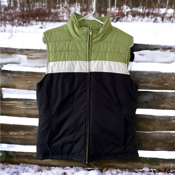 IZOD Womens Medium Green White & Black Reversable Full Zip Puffer Vest - Picture 1 of 4